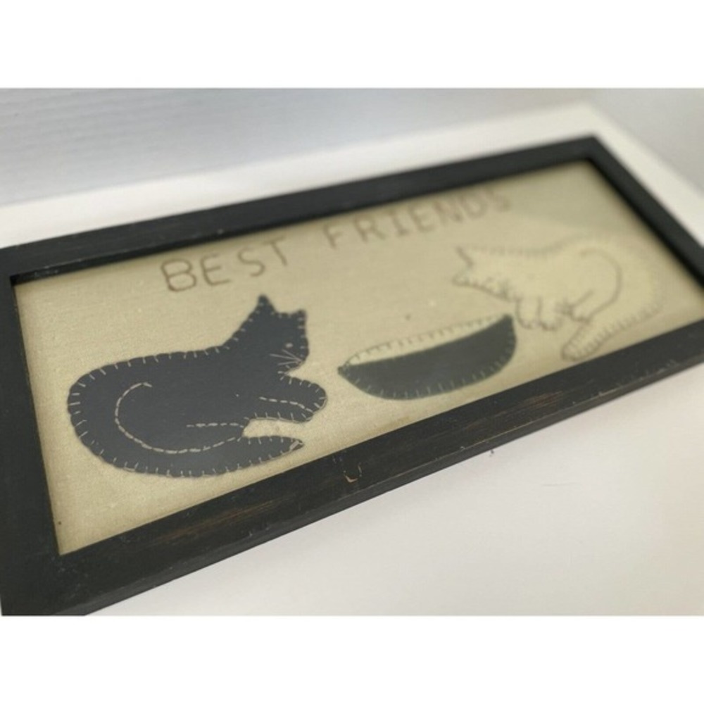 Primitive Stitched Fabric kittens "Best Friends" framed‎ cats picture art - Picture 4 of 4